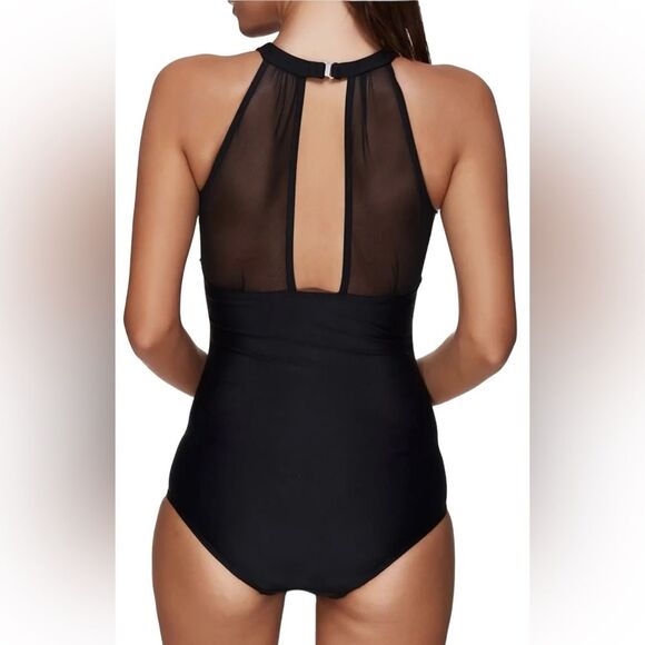 Tempt Me Black One Piece Swimsuit High Neck Plunge Ruched Tummy Control Small - Picture 2 of 13